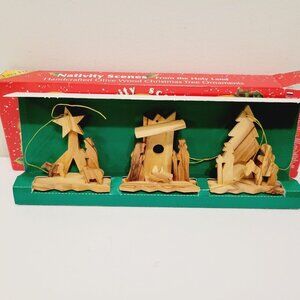 3 pc Nativity Scenes Handcrafted Olive Wood Holiday Christmas Tree Ornaments